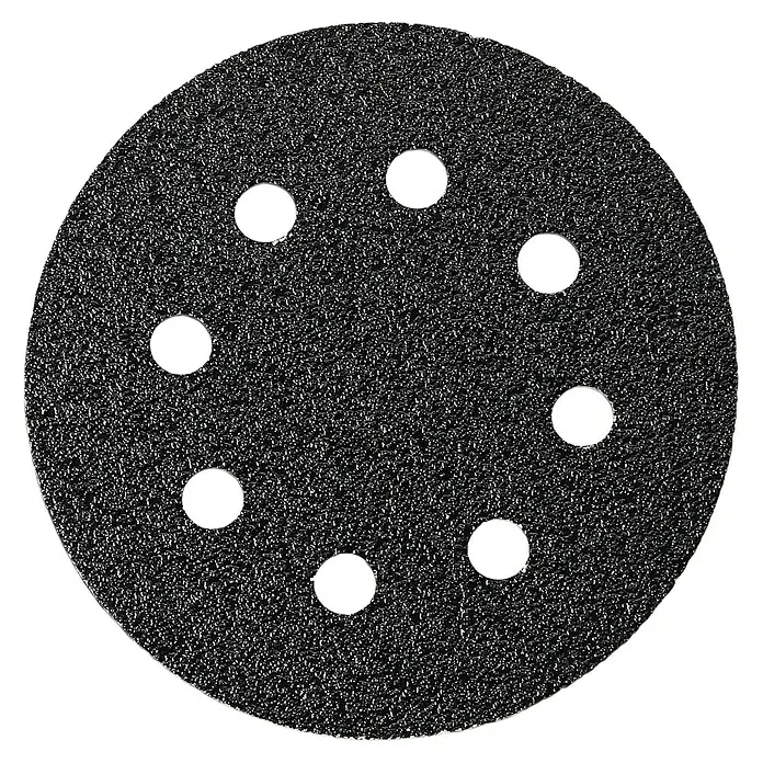 Fein Schleifblätter - 115 mm, Körnung: 40, 16 Stk. - Ein rundes, schwarzes Schleifpapier mit mehreren Löchern für eine Schleifmaschine.