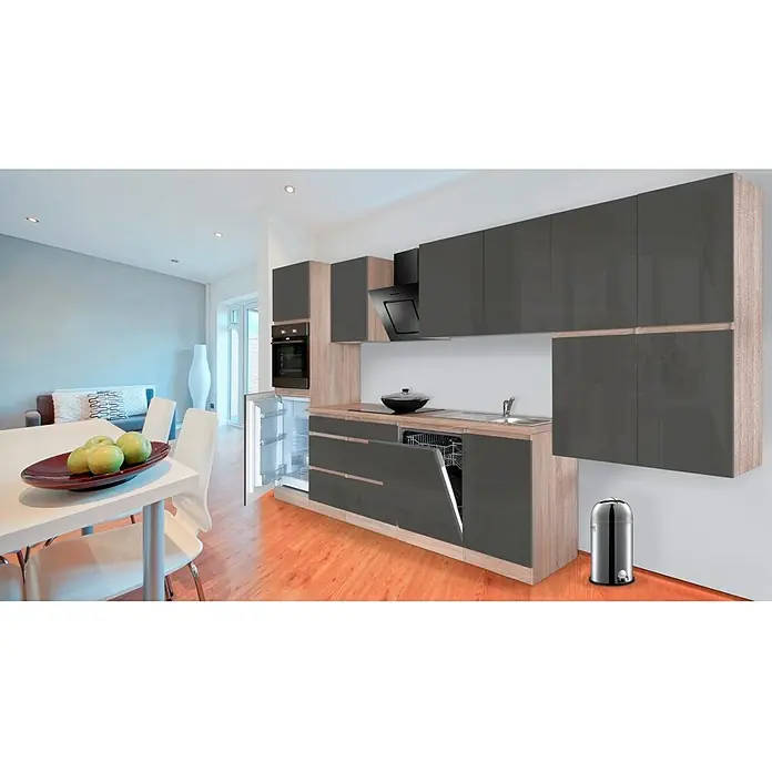 Respekta Premium Composición de cocina Lorena - Ancho: 380 cm, Gris, Brillo intenso, Decoración encimera: Efecto madera, Con electrodomésticos - Una cocina moderna con armarios grises, detalles de madera y un lavavajillas abierto, destacando el diseño elegante.