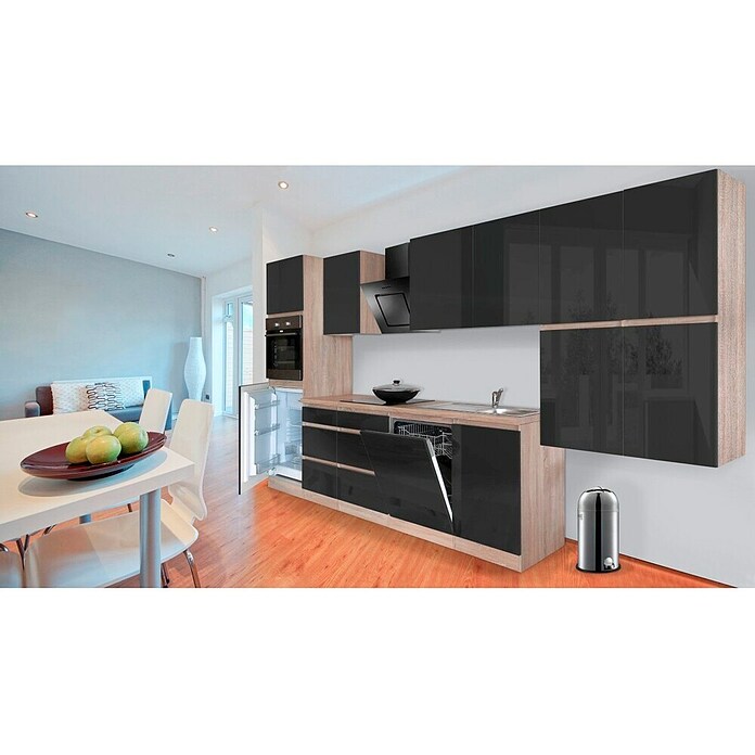 Respekta Premium Küchenzeile GLRP380HESS (Breite: 380 cm, Mit Elektrogeräten, Schwarz Hochglanz)