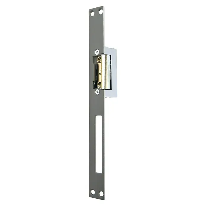 Extel Elektrischer Türöffner CFI - Lang, 8 V - 12 V - Elektrischer Türöffner aus Metall mit silberner Oberfläche und Befestigungsschrauben für sicheren Halt.