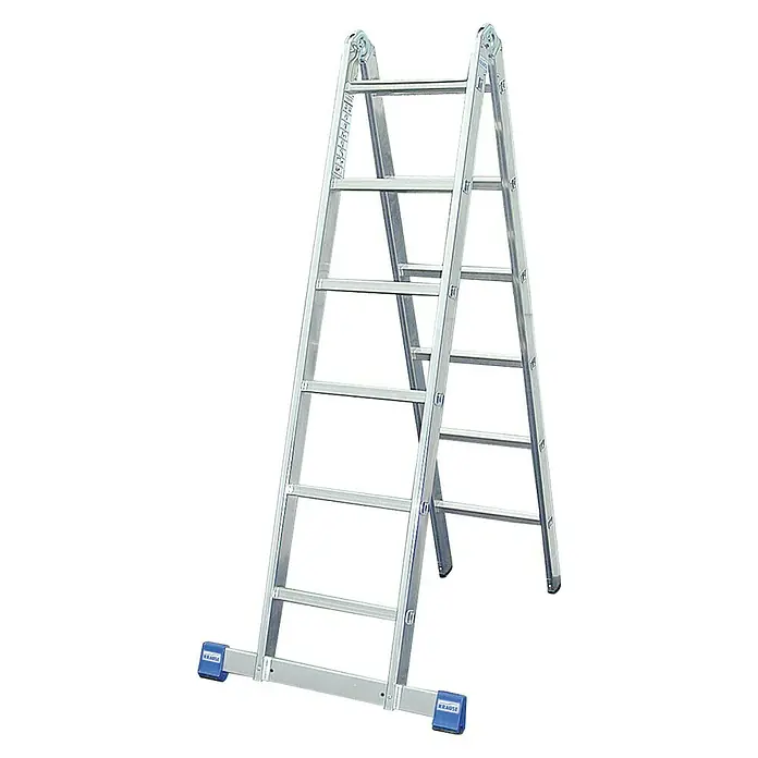Krause Stabilo Doppelleiter - Anzahl Tritte: 12 Stk., Arbeitshöhe: 4,4 m, Aluminium - Eine freistehende Aluminium-Leiter mit sechs Stufen und blauen Fußkappen für Stabilität und sicheren Stand.