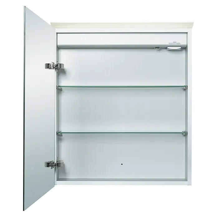 DSK LED-Spiegelschrank Aluminio Light - B x H: 60 x 70 cm, Silber - Offener Spiegelschrank mit verstellbaren Glasböden und schlichtem Design für Badezimmerutensilien.
