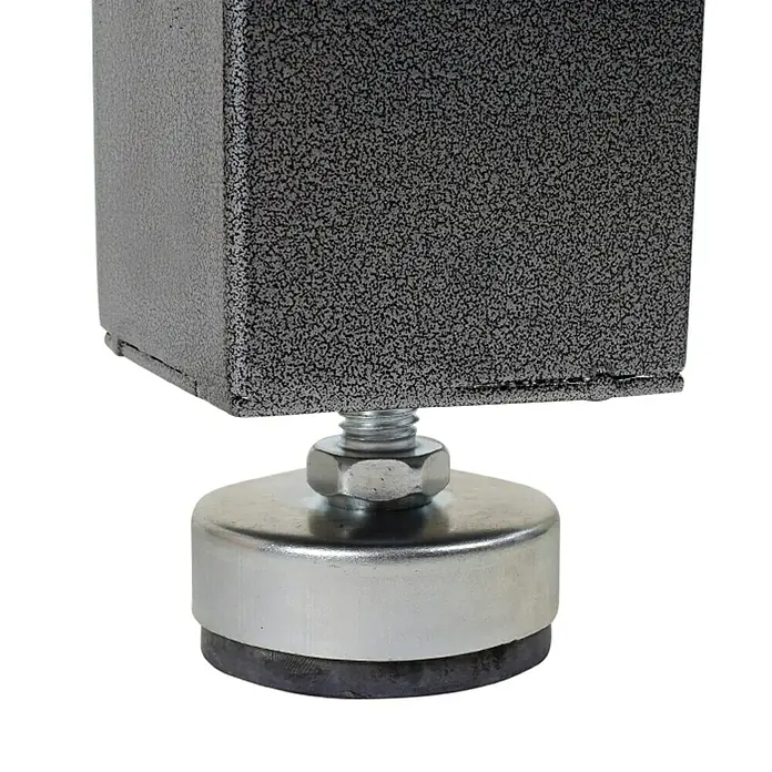 Wisent Banco de trabajo - L x An: 182,5 x 63 cm, Altura de trabajo: 96 cm, Carga soportada: 450 kg, Gris - Pie nivelador ajustable para una pata cuadrada texturizada gris oscuro, con base de metal plateado, almohadilla de goma negra y perno roscado.