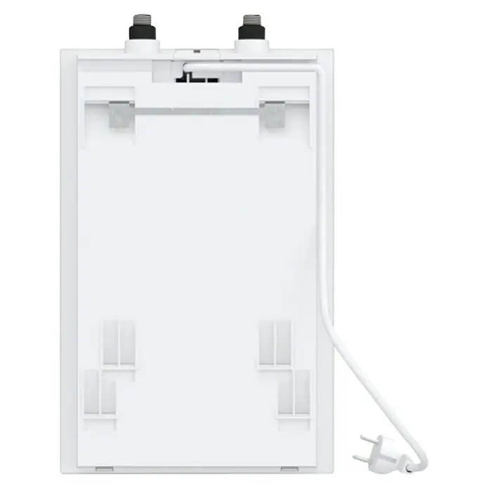 AEG Termo eléctrico KLE 5 U - 5 l, 2 kW, Baja presión, Montaje bajo mesa - Vista posterior de una luminaria LED blanca con cable y enchufe. Ideal para espacios interiores y diseños de iluminación moderna.