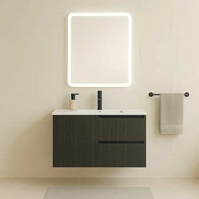 Mueble bajo de lavabo Claire - L x An x Al: 45 x 80 x 50 cm, Antracita, 1 seno, salida central, Número de cajones: 2 ud. - Elegante conjunto de baño con mueble bajo lavabo en antracita, espejo moderno y grifería con estilo.