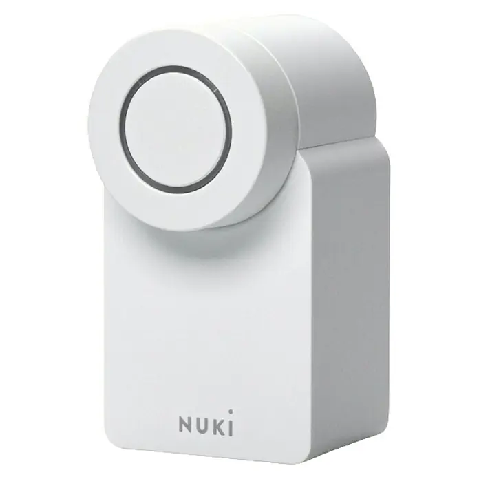 Nuki Elektronisches Türschloss Smart Lock Go - Über App, Geeignet für: Türen - Nahaufnahme eines Nuki Smart Lock in Weiß, das moderne Sicherheit und Komfort für Ihr Zuhause bietet.