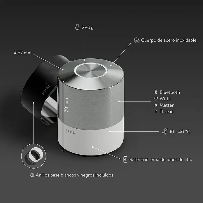 Nuki Elektronisches Türschloss Smart Lock Pro 5. Gen. - Über App, Geeignet für: Türen - Abbildung eines Nuki Smart Lock Geräts mit Größenangaben und technischen Spezifikationen auf grauem Hintergrund.