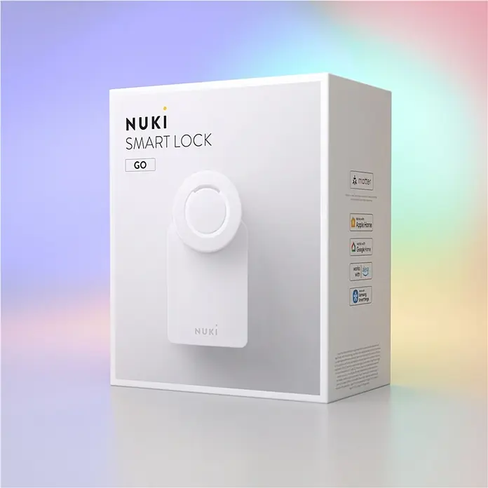 Nuki Elektronisches Türschloss Smart Lock Go - Über App, Geeignet für: Türen - Nuki Smart Lock Go Verpackung. Smarte Sicherheit für Ihr Zuhause, integrierbar mit Apple Home, Google Home und mehr.