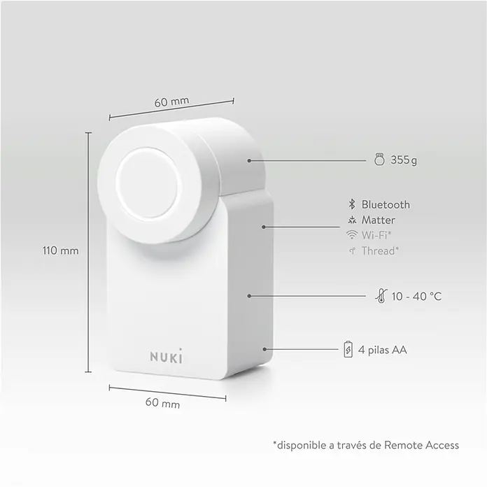 Nuki Elektronisches Türschloss Smart Lock Go - Über App, Geeignet für: Türen - Abbildung eines Nuki-Produkts mit Maßangaben und technischen Details wie Gewicht, Konnektivität und Temperaturbereich.