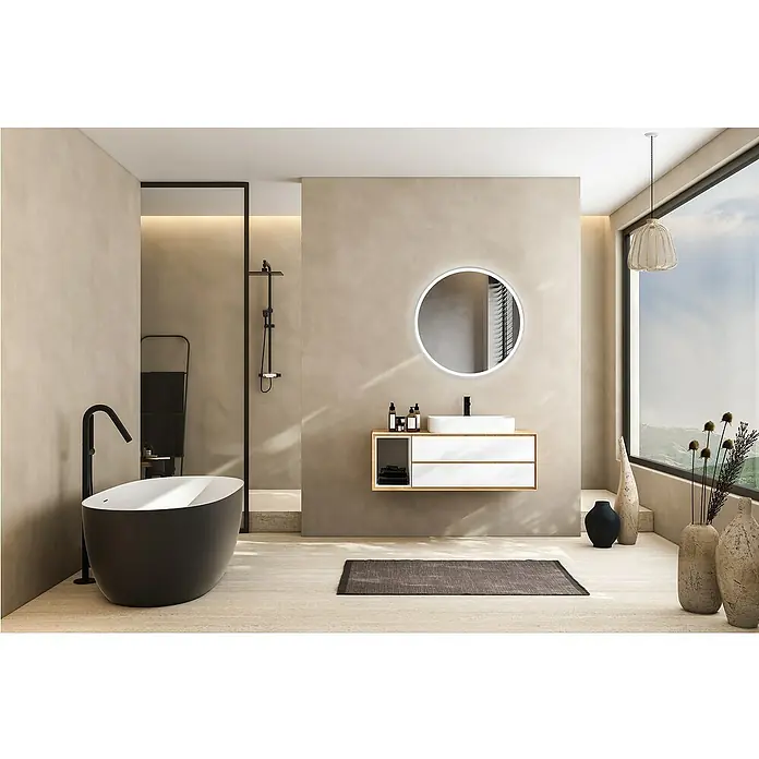 DSK Lichtspiegel Desire - Durchmesser: 55 cm, Silber, Leuchtmittel - Elegantes Badezimmer-Interieur mit freistehender Badewanne und modernem Waschtisch mit kreisförmigem Spiegel für ein stilvolles Ambiente.