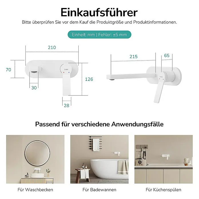 Emke Waschtischarmatur Vessan F22 - Weiß, Matt - Produktinformationen und Größenangaben für einen weißen EMKE Wasserhahn zur Verwendung im Bad oder der Küche.