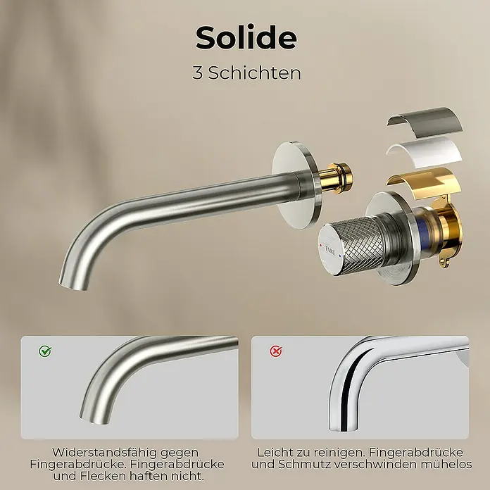 Emke Waschtischarmatur Nerova F22 - Grau, Glänzend - Produktbild einer Solide Armatur mit drei Schichten, widerstandsfähig gegen Fingerabdrücke und leicht zu reinigen.