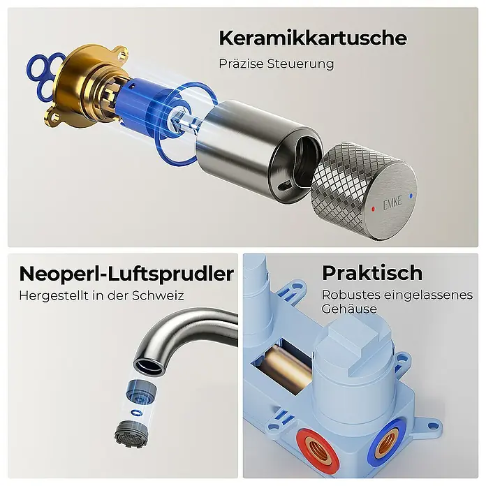 Emke Waschtischarmatur Nerova F22 - Grau, Glänzend - Produktansicht eines Keramikmischers mit präziser Steuerung, Neoperl-Luftsprudler aus der Schweiz und robustem Gehäuse.