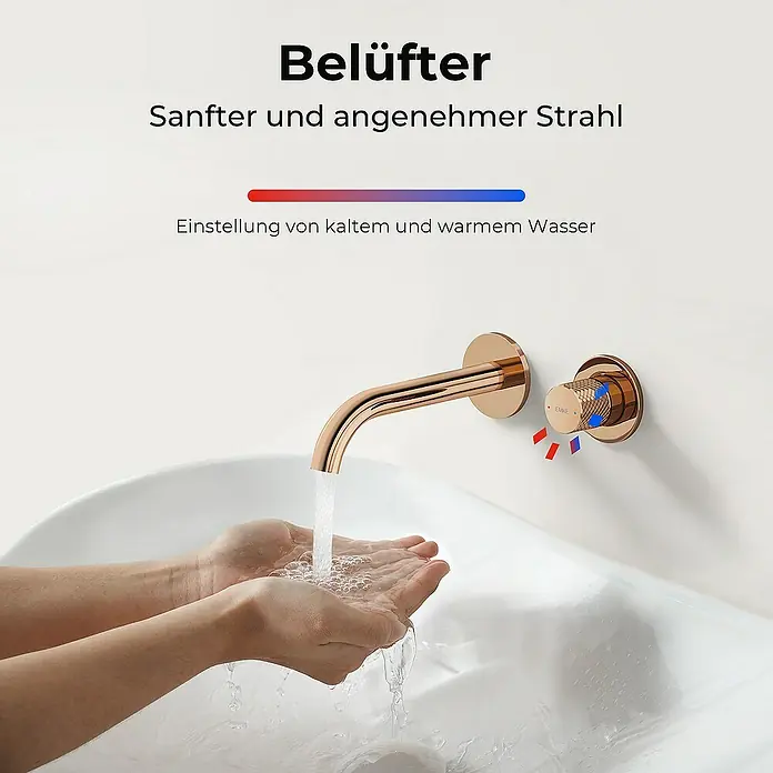 Emke Waschtischarmatur - Roségold, Glänzend - Wandarmatur mit Luftsprudler für einen sanften Wasserstrahl und Temperatureinstellung.