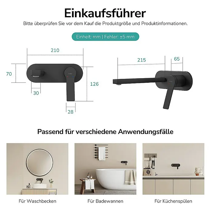 Emke Waschtischarmatur Vessan F22 - Schwarz, Matt - Abbildung eines schwarzen EMKE-Wasserhahns mit Größenangaben, geeignet für Waschbecken, Badewannen und Küchenspülen.