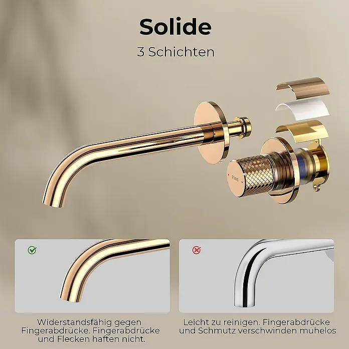 Emke Waschtischarmatur - Roségold, Glänzend - Produktbild einer goldenen Armatur mit Fokus auf die schmutzabweisende Oberfläche und die drei Schichten.