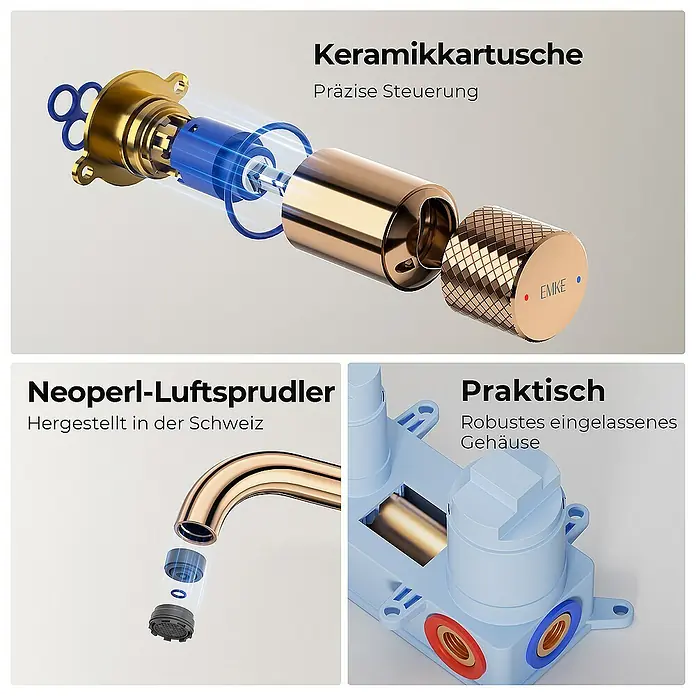 Emke Waschtischarmatur - Roségold, Glänzend - Produktdarstellung mit Fokus auf Keramikkartusche, Luftsprudler und robustes Gehäuse.
