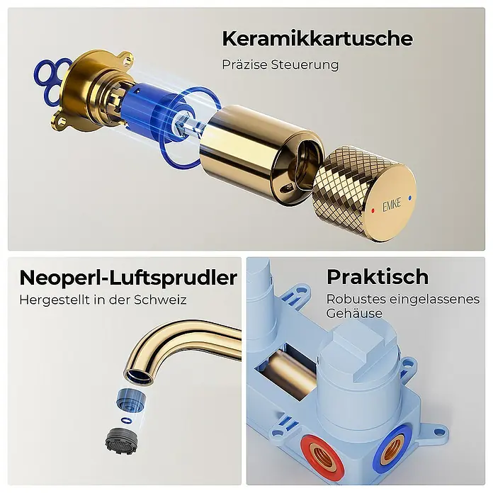 Emke Waschtischarmatur Nerova F22 - Gold, Glänzend - Produktansicht mit Keramikkartusche, Luftsprudler und robustem Gehäuse. Präzise Steuerung und Schweizer Qualität vereint.