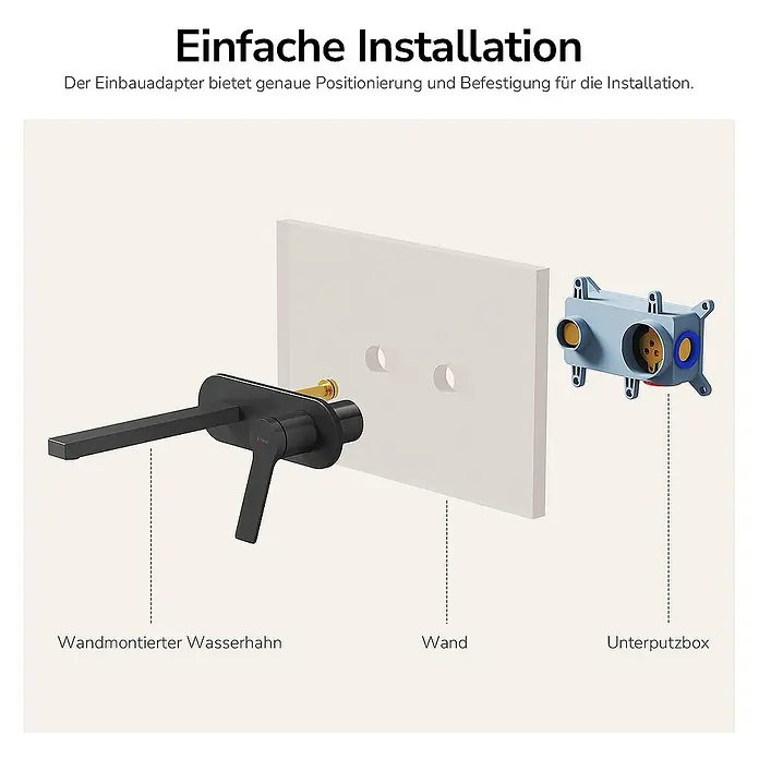 Emke Waschtischarmatur Vessan F22 - Schwarz, Matt - Installationsübersicht einer schwarzen, wandmontierten Armatur mit Unterputzbox für einfache Installation.