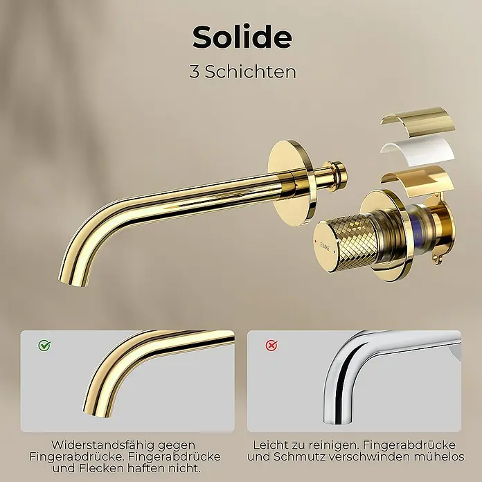 Emke Waschtischarmatur Nerova F22 - Gold, Glänzend - Das Bild zeigt eine goldene Armatur "Solide" mit drei Schichten, hervorgehoben sind die widerstandsfähige Oberfläche gegen Fingerabdrücke.