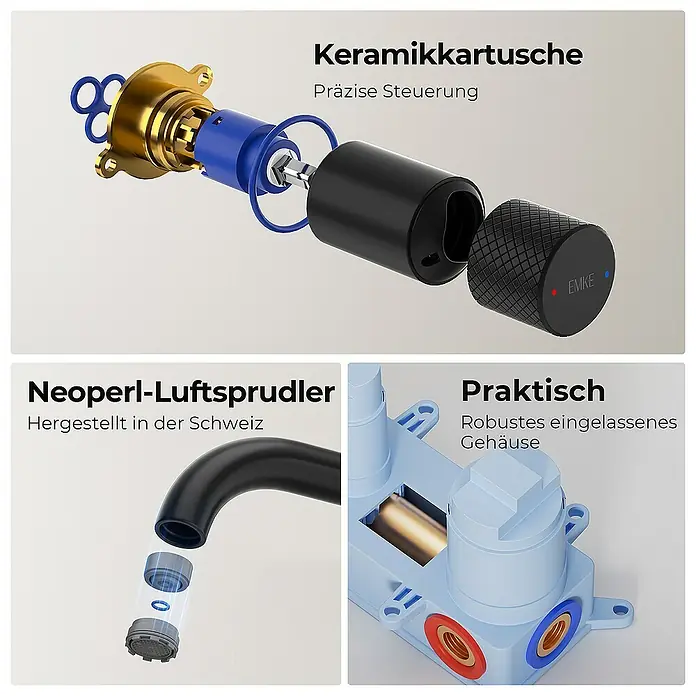Emke Waschtischarmatur Nerova F22 - Schwarz, Matt - Produktabbildung mit Erklärungen zu Keramikkartusche, Luftsprudler und Gehäuse.