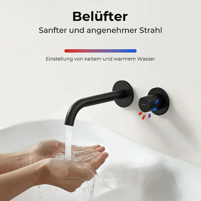 Emke Waschtischarmatur Nerova F22 - Schwarz, Matt - Elegante schwarze Waschtischarmatur mit sanftem Strahl und Temperaturregler für kaltes und warmes Wasser.