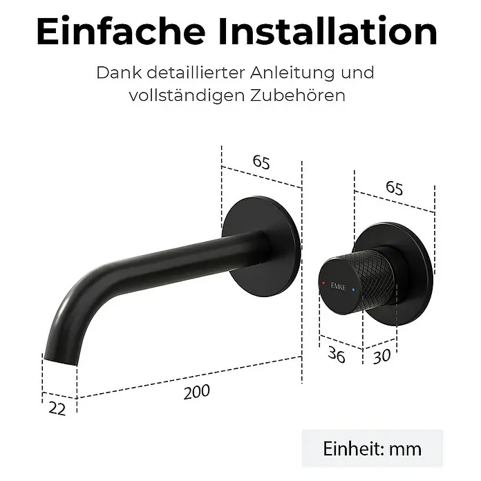 Emke Waschtischarmatur Nerova F22 - Schwarz, Matt - Abbildung eines mattschwarzen Wasserhahns mit den Maßen 22 mm, 200 mm und 65 mm, sowie einer Bedieneinheit mit 36 mm und 30 mm.