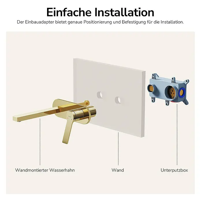 Emke Waschtischarmatur - Gold, Glänzend - Schemazeichnung eines goldenen, wandmontierten Wasserhahns mit Installationsanleitung und Unterputzbox.