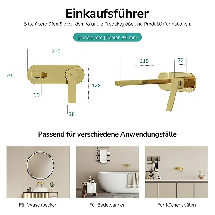 Emke Waschtischarmatur - Gold, Glänzend - Detaillierte Produktzeichnung einer goldenen Wandarmatur mit Maßangaben, geeignet für Waschbecken, Badewannen und Küchenspülen.