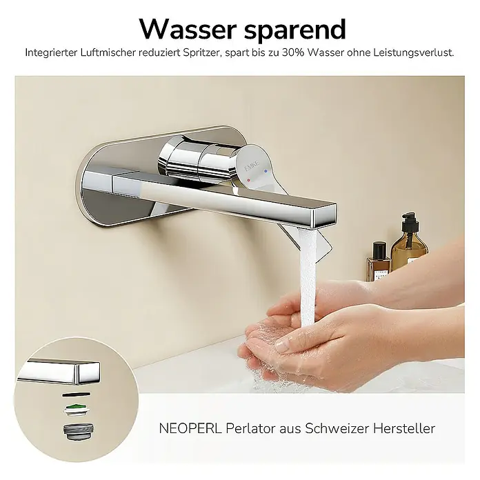 Emke Waschtischarmatur Vessan F22 - Chrom, Glänzend - Bild einer verchromten Armatur mit der Aufschrift "Wassersparend", die bis zu 30 % Wasser spart.