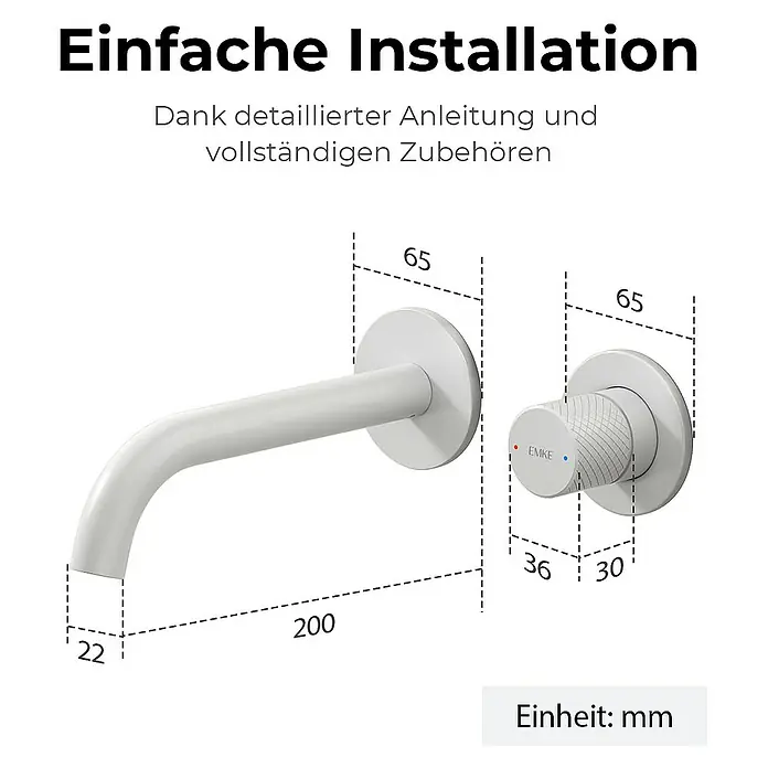 Emke Waschtischarmatur - Weiß, Matt - Abbildung einer weißen Wandarmatur mit Maßangaben, die die einfache Installation und die vollständige Ausstattung hervorheben.