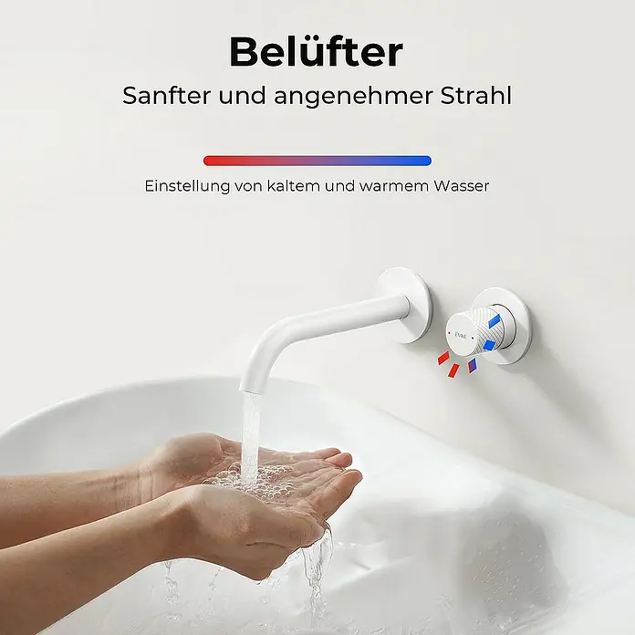 Emke Waschtischarmatur - Weiß, Matt - Die moderne, weisse Wandarmatur mit Luftsprudler sorgt für einen weichen Wasserstrahl und bietet eine einfache Temperaturregelung.