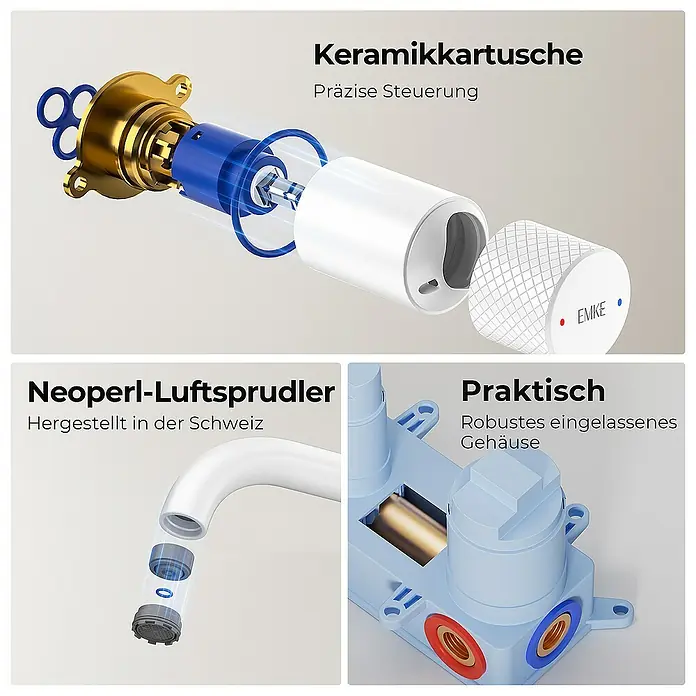 Emke Waschtischarmatur - Weiß, Matt - Produktabbildung einer Armatur mit Keramikkartusche, Luftsprudler und robustem Gehäuse. Präzise Steuerung und hochwertige Materialien.