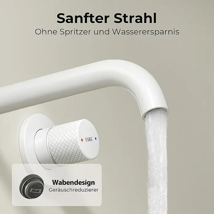 Emke Waschtischarmatur - Weiß, Matt - Nahaufnahme eines weißen EMKE-Wasserhahns mit Wasserstrahl, der Sanfter Strahl ohne Spritzer und Wasserersparnis bietet.