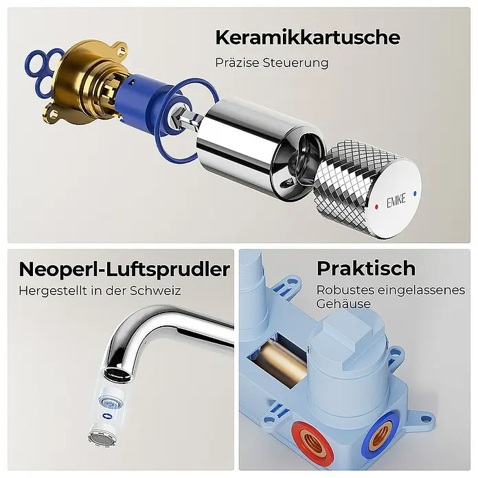 Emke Waschtischarmatur Nerova F22 - Chrom, Glänzend - Produktansicht mit Keramikkartusche, Luftsprudler und robustem Gehäuse für präzise Steuerung und Langlebigkeit.