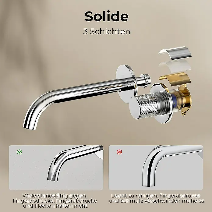 Emke Waschtischarmatur Nerova F22 - Chrom, Glänzend - Abbildung einer Armatur mit drei Schichten, die widerstandsfähig gegen Fingerabdrücke ist und sich leicht reinigen lässt.