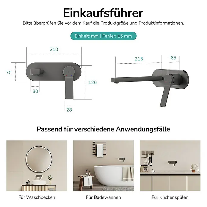 Emke Waschtischarmatur Vessan F22 - Grau, Matt - Abbildung einer Armatur mit Maßangaben und Anwendungsbeispielen für Waschbecken, Badewannen und Küchenspülen.