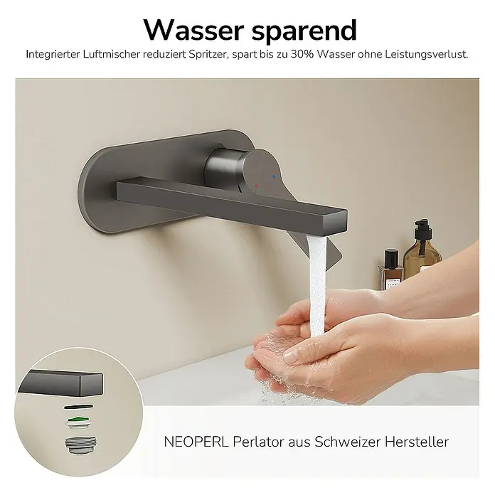 Emke Waschtischarmatur Vessan F22 - Grau, Matt - Wandarmatur in Grau mit Wasserstrahl und Händen. Spart Wasser dank integriertem Luftmischer und Perlator vom Schweizer Hersteller.