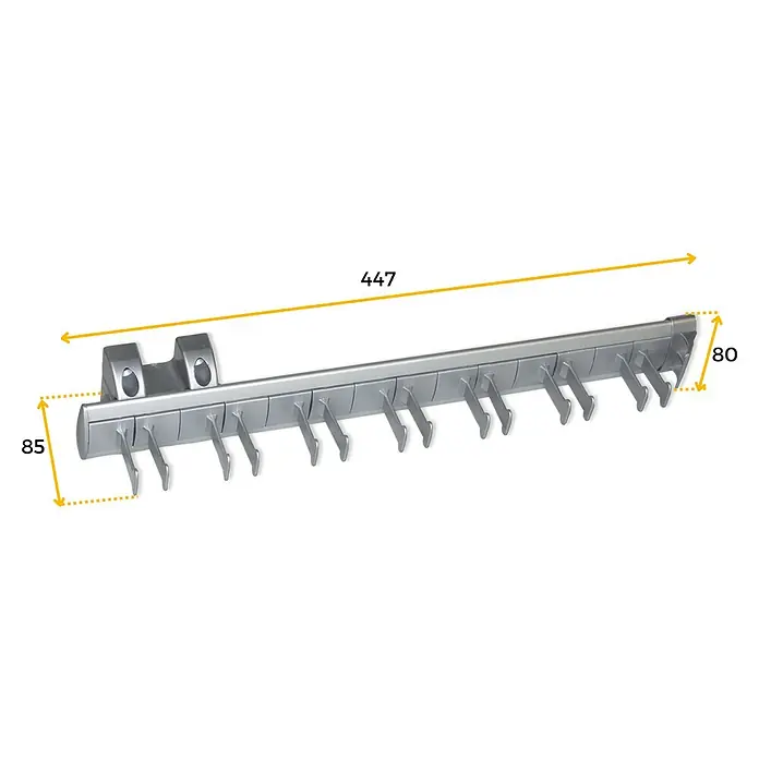 Emuca Mantelhaken Ausziehbar - L x B x H: 44,7 x 8,5 x 8 cm, Silber, Aluminium - Produktbild einer grauen Krawattenleiste mit Maßen. Das Produkt hat eine Länge von 447mm, eine Höhe von 80mm und eine Tiefe von 85mm.