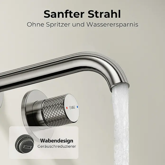 Emke Waschtischarmatur Nerova F22 - Grau, Glänzend - Nahaufnahme einer EMKE Armatur mit sanftem Strahl, die Wassersparnis und Geräuschreduzierung bietet.