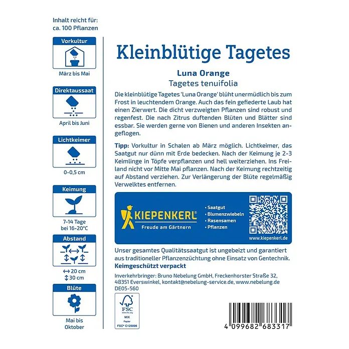 Kiepenkerl Blumensamen Kleinblütige Tagetes Luna Orange - Tagetes tenuifolia, Orange - Bild einer Saatguttüte für kleinblütige Tagetes Luna Orange von Kiepenkerl mit Anweisungen zu Aussaat und Pflege.
