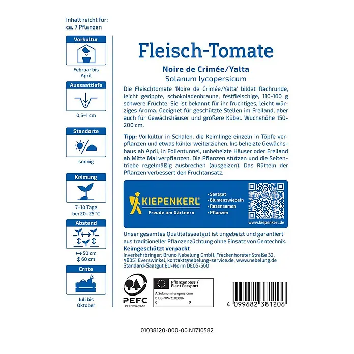 Kiepenkerl Gemüsesamen Fleisch-Tomate Noire de Crimée/Yalta - Solanum lycopersicum, Erntezeit: Juli - Abbildung der 'Fleisch-Tomate Noire de Crimée/Yalta' Samenpackung, ideal für den Anbau schokoladenbrauner, würziger Tomaten im eigenen Garten.