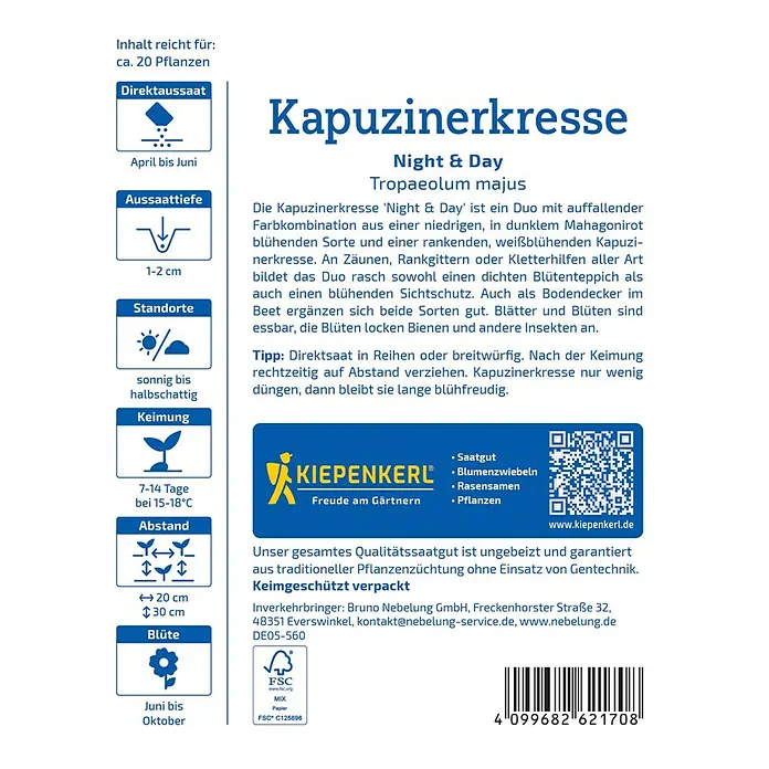 Kiepenkerl Kräutersamen - Tropaeolum majus, Saatzeit: April - Abbildung der Kapuzinerkresse Night & Day Samenpackung von Kiepenkerl mit Aussaat- und Pflegehinweisen.