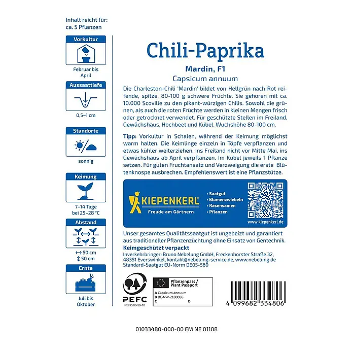 Kiepenkerl Chili Mardin, F1 -  - Bild der Chili-Paprika 'Mardin F1' Samenpackung von Kiepenkerl, ideal für den Anbau von scharfen Paprika.