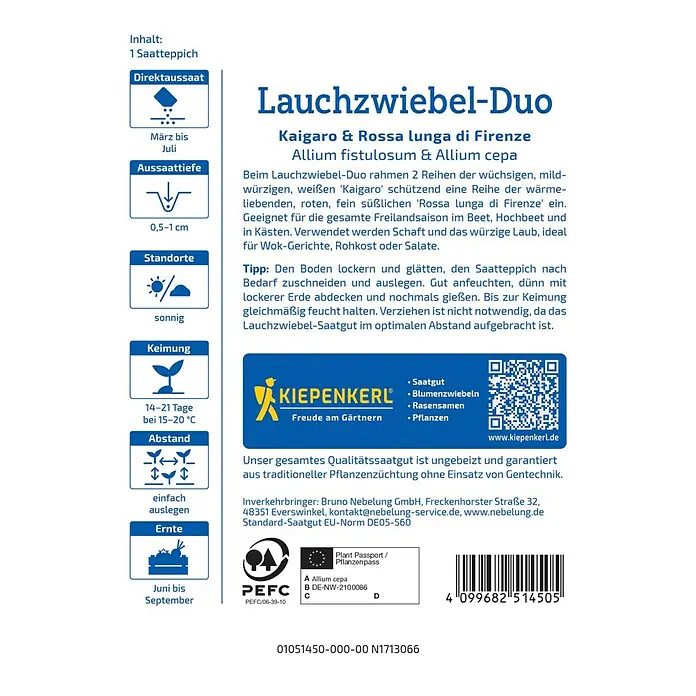 Kiepenkerl Gemüsesamen Lauchzwiebeln-Duo Kaigaro & Rossa Lunga - Mischung, Erntezeit: Juni - Abbildung einer Saatgutpackung Lauchzwiebel-Duo von Kiepenkerl, ideal für den Anbau im Garten oder auf dem Balkon.