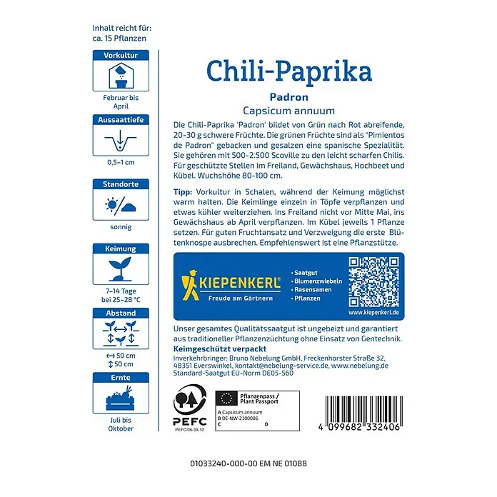 Kiepenkerl Paprika Chili-Paprika Padron - Capsicum annuum, Erntezeit: Juli - Chili-Paprika Padron Saatgutpackung. Capsicum annuum für scharfe, aromatische Chili-Paprika, ideal für Garten & Kübel.