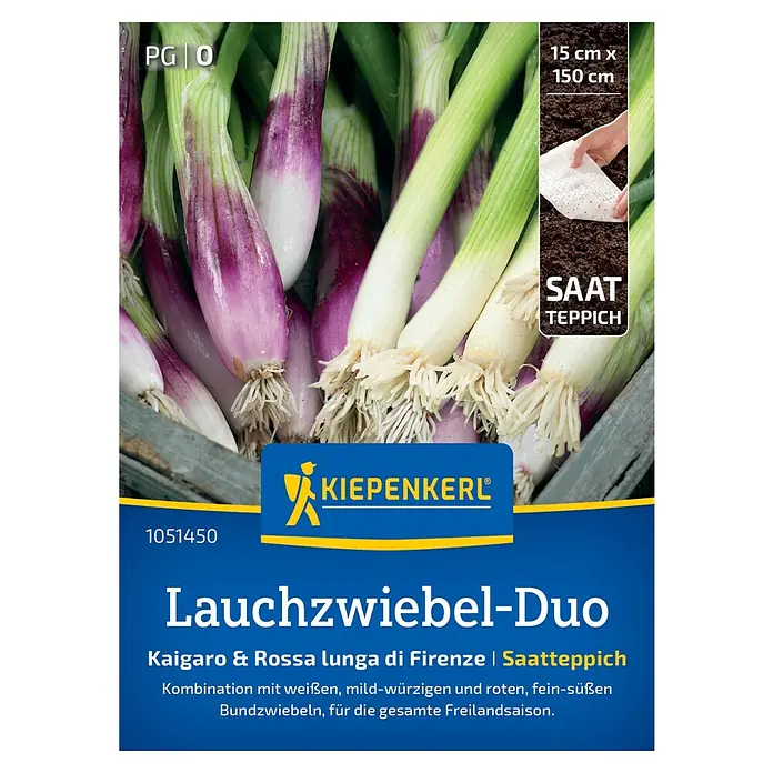 Kiepenkerl Gemüsesamen Lauchzwiebeln-Duo Kaigaro & Rossa Lunga - Mischung, Erntezeit: Juni - Samenpackung Lauchzwiebel-Duo, enthält Kaigaro & Rossa lunga di Firenze, eine Kombination aus weißen, mild-würzigen und roten, fein-süßen Bundzwiebeln.
