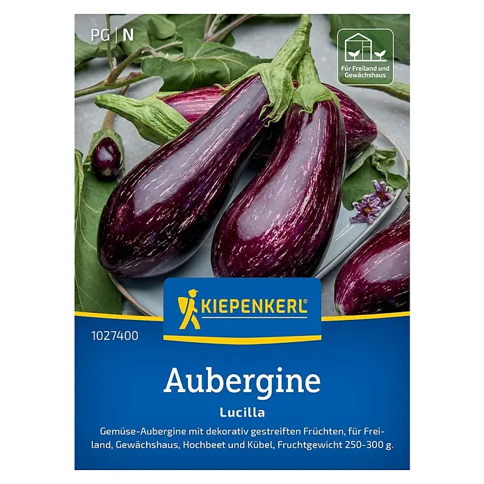Kiepenkerl Aubergine Lucilla, F1 - Erntezeit: Juli - Aubergine 'Lucilla' Samenpackung von Kiepenkerl. Das Bild zeigt die Aubergine und die Produktinformationen auf der Packung.