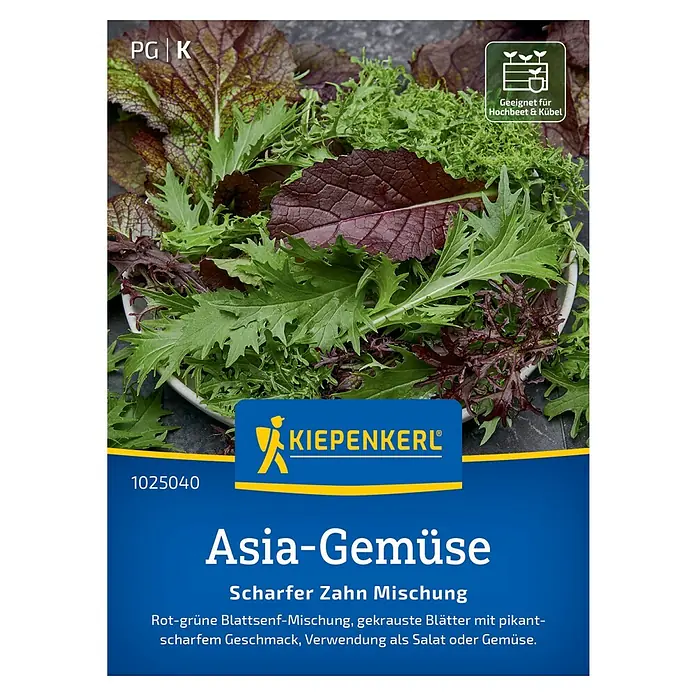 Kiepenkerl Salatsamenmischung Asia-Gemüse Scharfer Zahn - Brassica juncea, Erntezeit: April - Das Bild zeigt eine Samenauswahl von KIEPENKERL Asia-Gemüse, eine scharfe Zahnmischung, ideal für Hochbeete und Kübel.