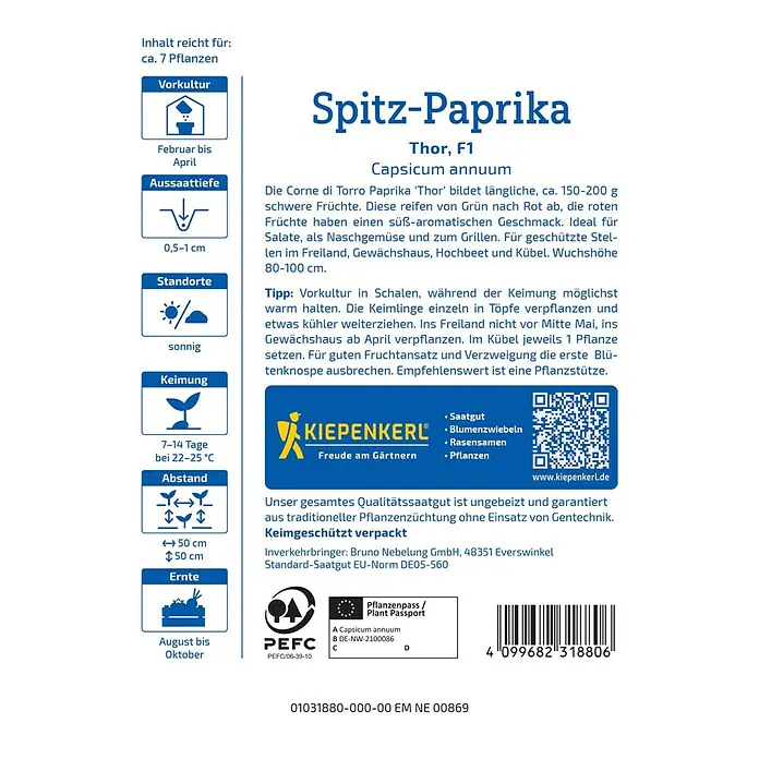 Kiepenkerl Paprika Thor, F1 - Capsicum annuum, Erntezeit: August - Abbildung der Samenpackung für Spitz-Paprika 'Thor F1', eine Sorte der Capsicum annuum, ideal für Gartenliebhaber.
